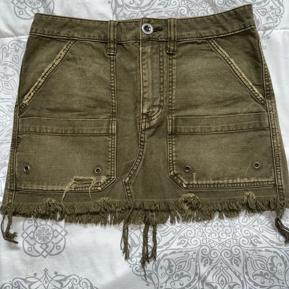 Free People Olive Green Distressed Denim Skirt